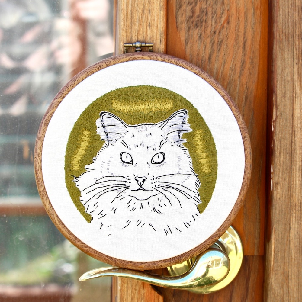Psychedelic Fluffy Long Haired Cat Line Embroidery Art